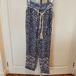 Ollari at Anthropologie-blue leopard, pull on pants, pockets, rope belt NWT XS